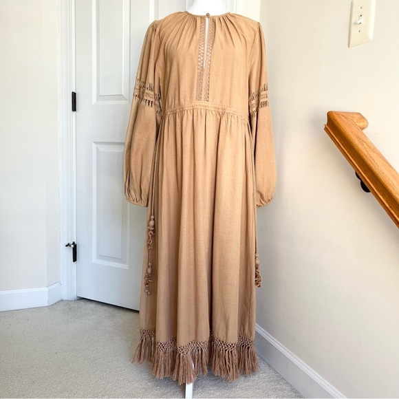 Ulla Johnson Kalea 100% Raw Silk Knit Long Sleeve Midi Dress Brown Beige Tan 4 S - Picture 3 of 11